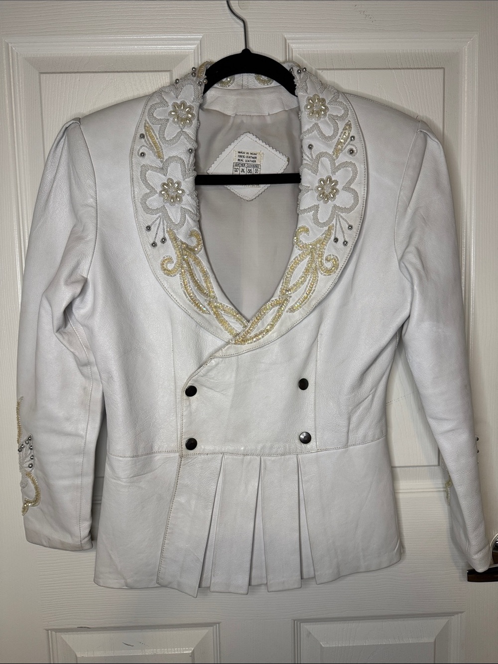 VTG White Embellished Floral Leather Blazer Jacket